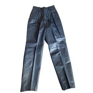 Vintage 80s Navy Blue Leather High Waist Pleated Tapered Pants Korea Sz 4